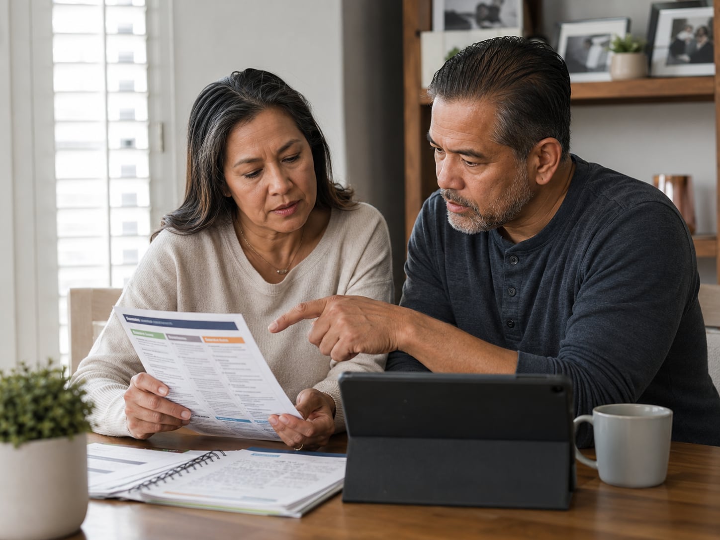 A middle-aged couple review a printed document and a tablet together at a table at home.