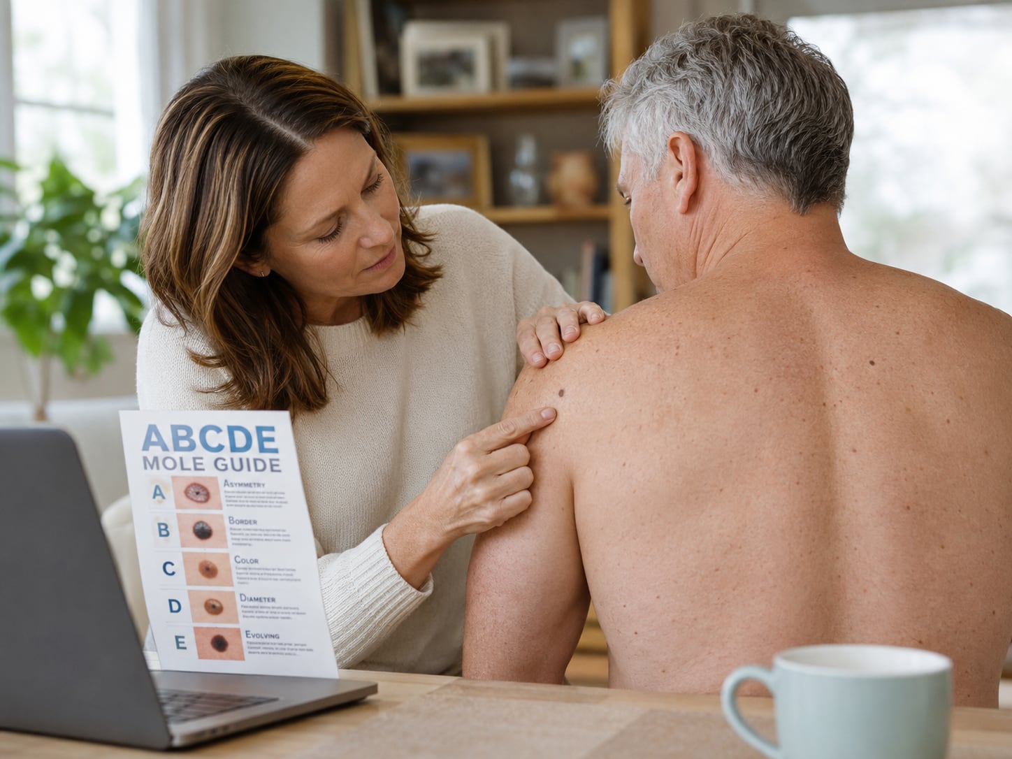 A woman checks a man's bare back and shoulder for moles at a home kitchen table, referring to a printed ABCDE mole guide propped against a laptop.