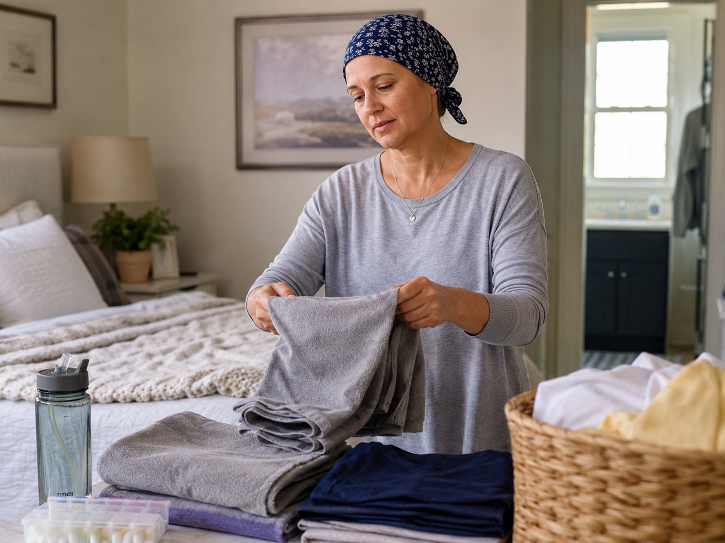A woman wearing a headscarf stands folding a towel at the foot of a bed.