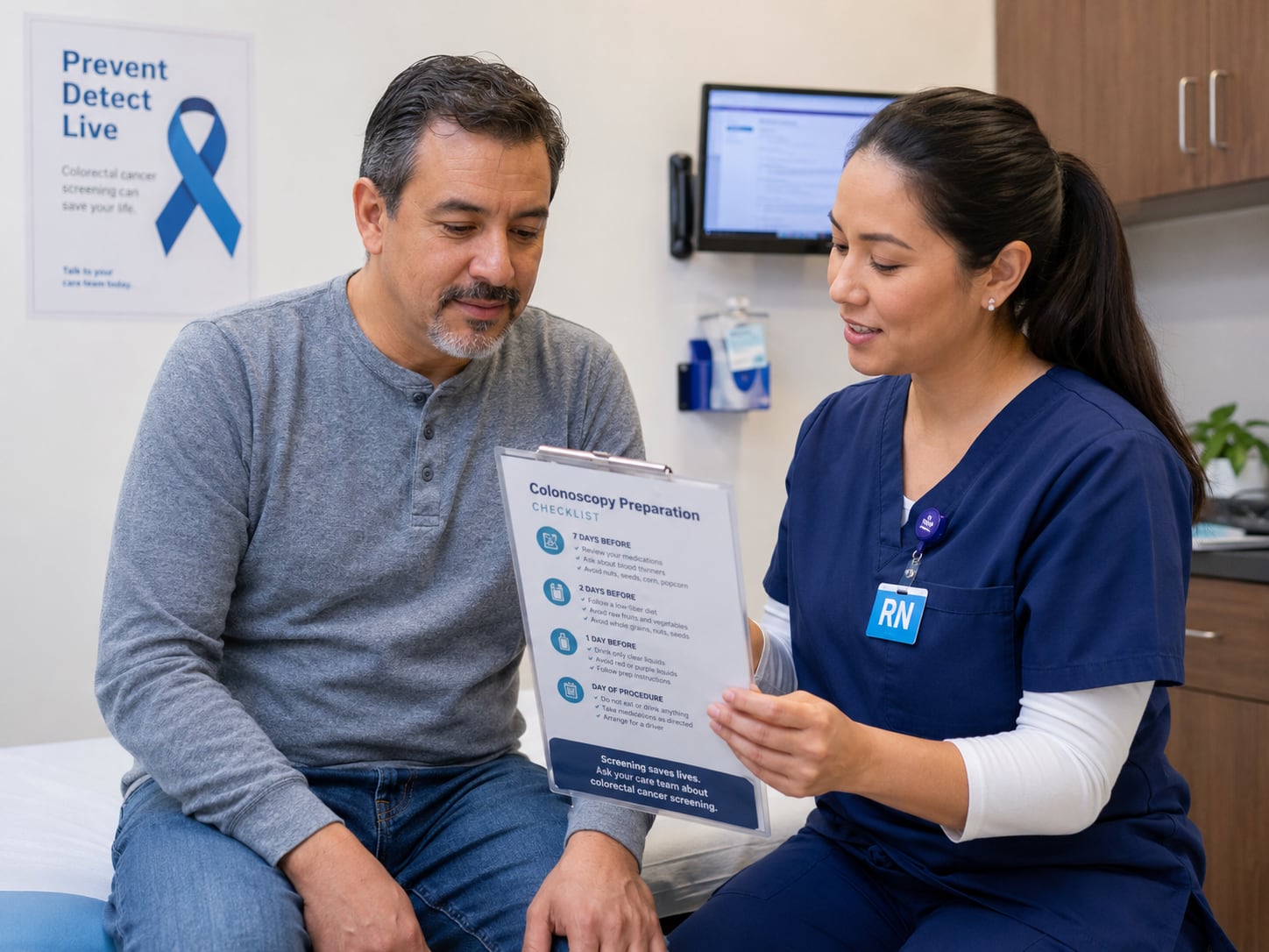 A man sits with a printed colonoscopy-preparation checklist while a nurse wearing an RN badge talks with him in a clinic room; a poster with a blue awareness ribbon hangs on the wall behind them.