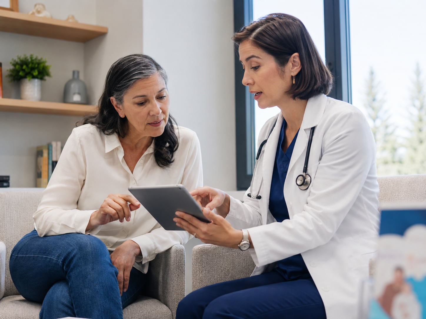 A woman with curly hair and a doctor in a white coat look together at a tablet in a home living-room setting.