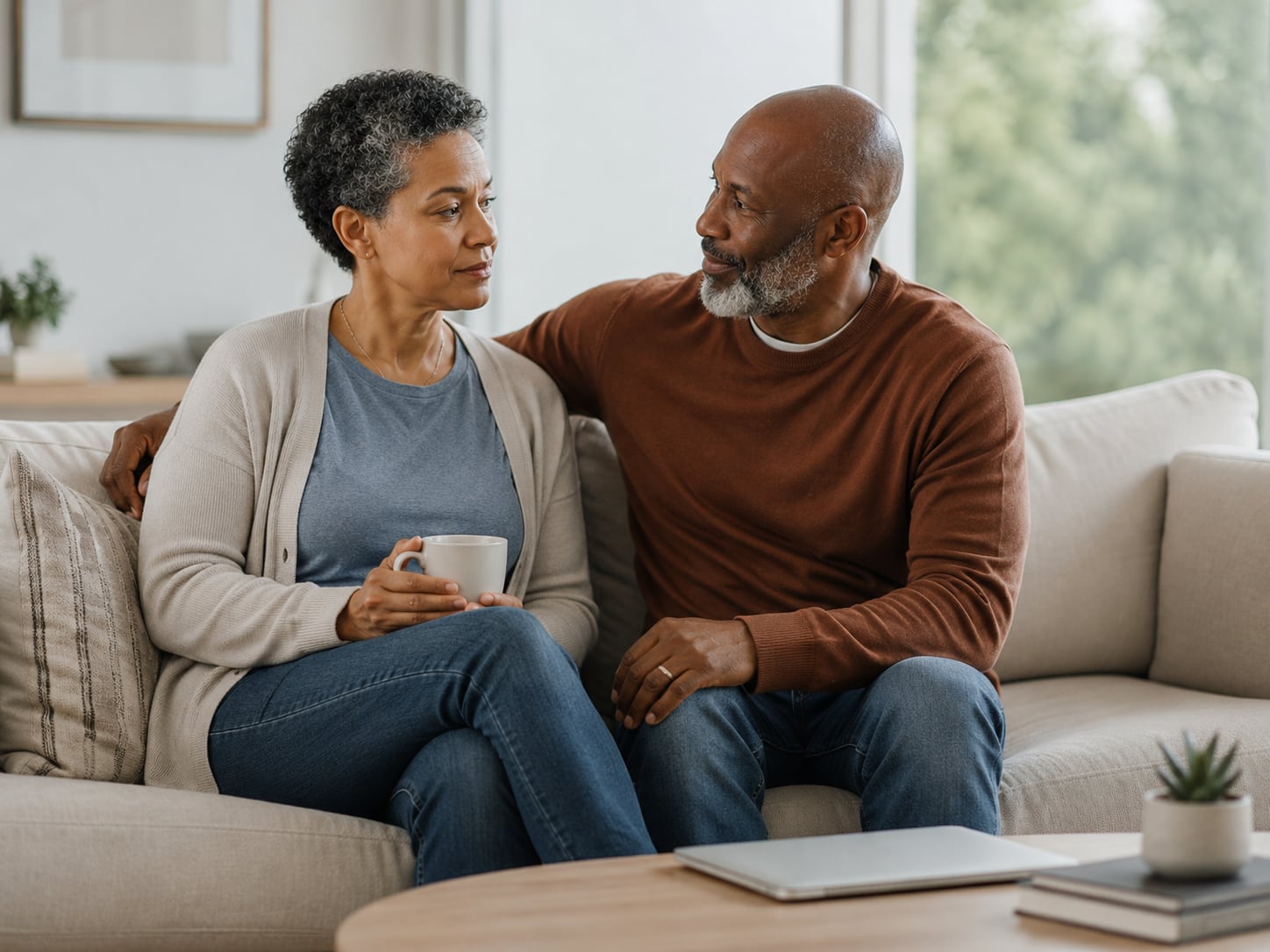 An older couple sit together on a couch, the woman holding a mug, both looking at each other affectionately.