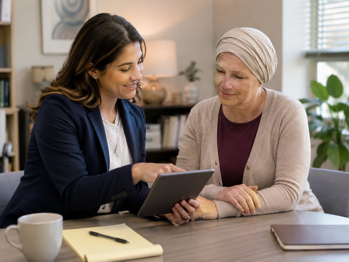 A woman in a navy blazer and an older woman wearing a headscarf review a tablet together at a home or office table.