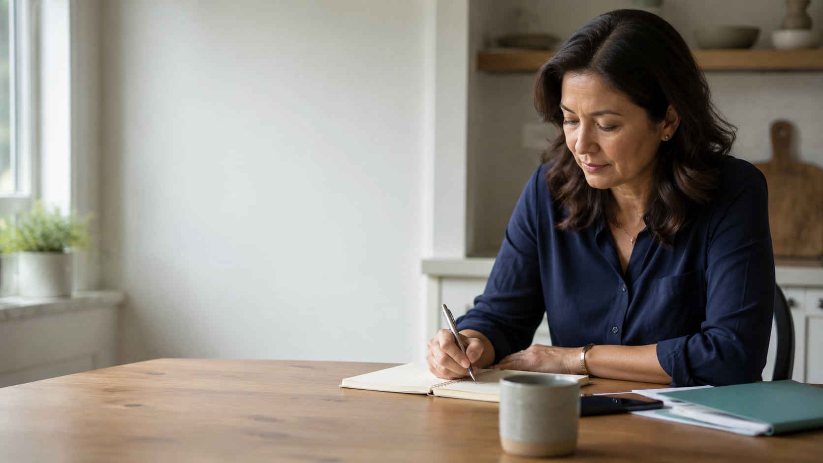 A woman sits alone at a kitchen table writing in a notebook, with a mug of coffee nearby.