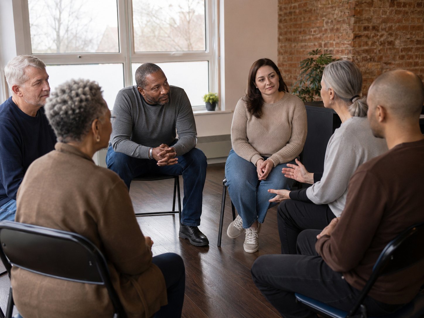 Seven adults sit in a loose circle of chairs in a bright brick-walled room, one gesturing as the others listen