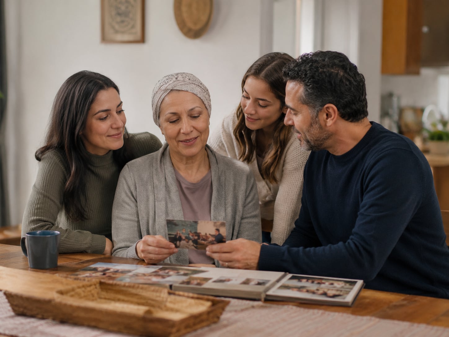 Four family members smile looking at printed photographs from a photo album together.
