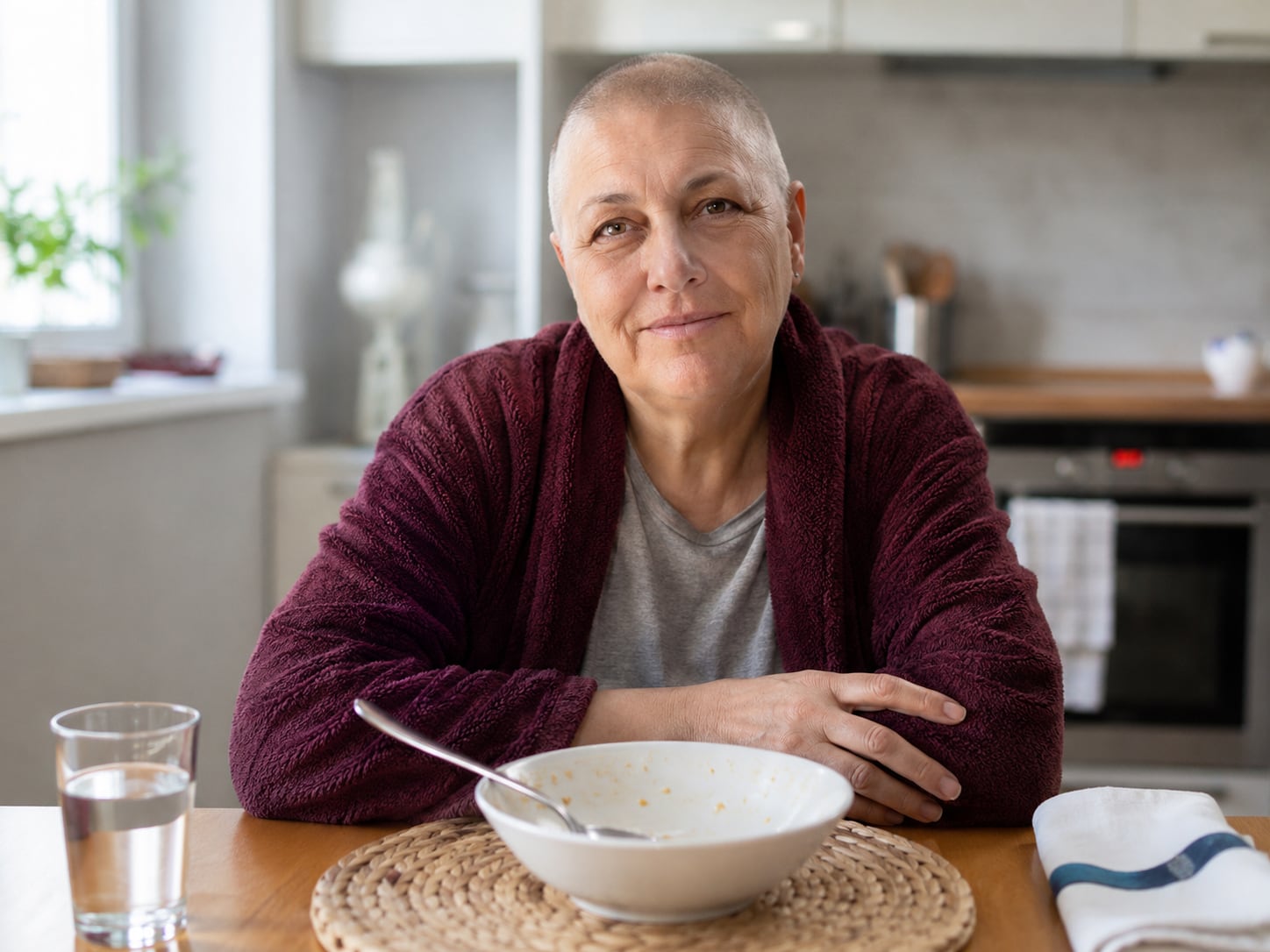 A woman with a shaved head sits at a kitchen table with an empty bowl in front of her, calm expression.