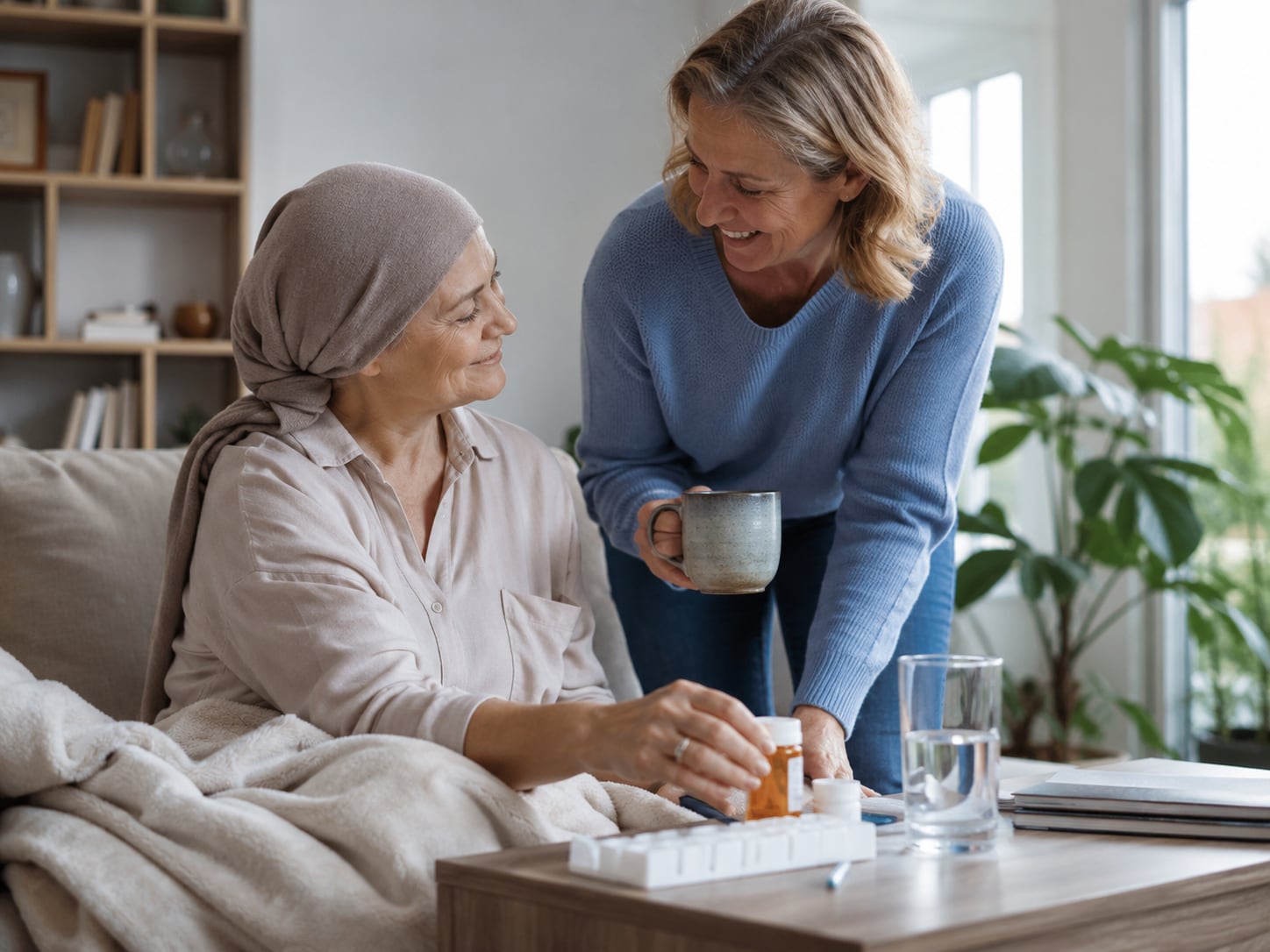 An older woman wearing a headscarf sits on a couch while a younger woman stands beside her holding a mug, smiling.