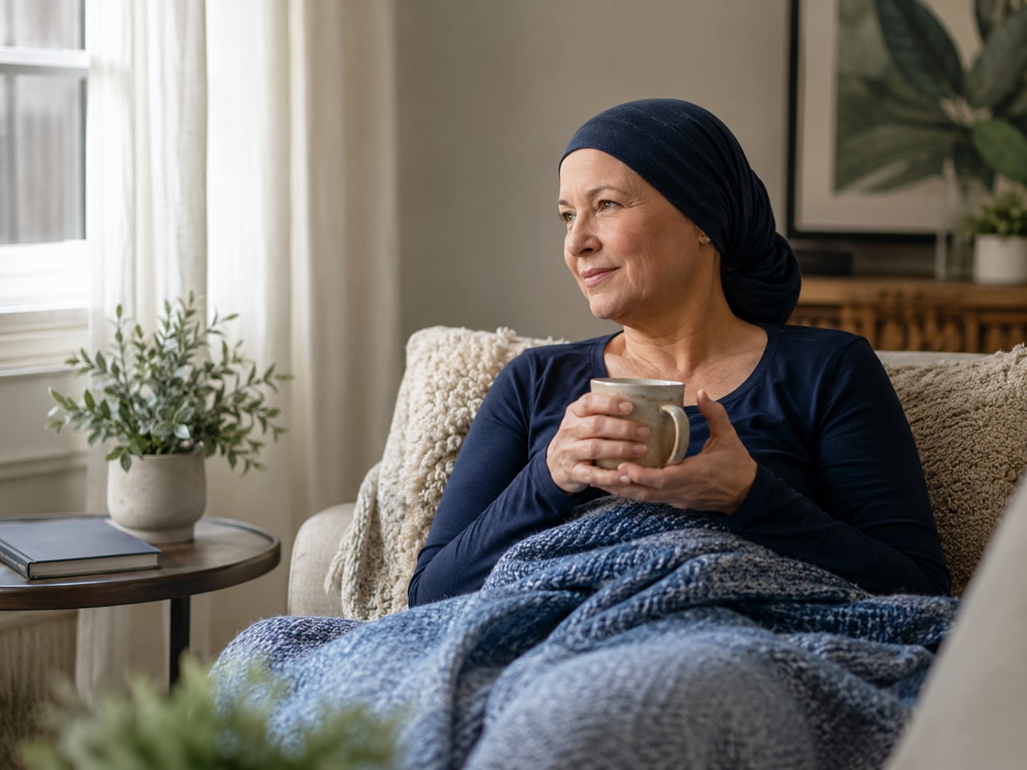A woman wearing a head covering sits wrapped in a blanket, holding a mug, looking out a window in a living room.