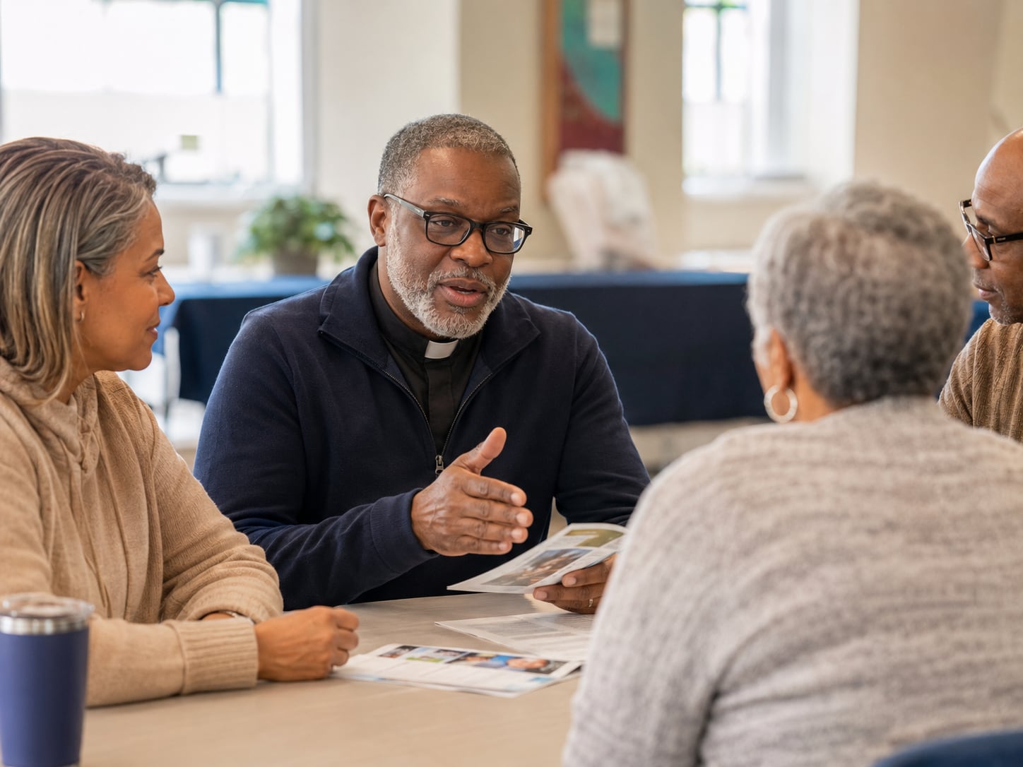 A man in a clerical collar talks with three people at a table, holding a pamphlet.