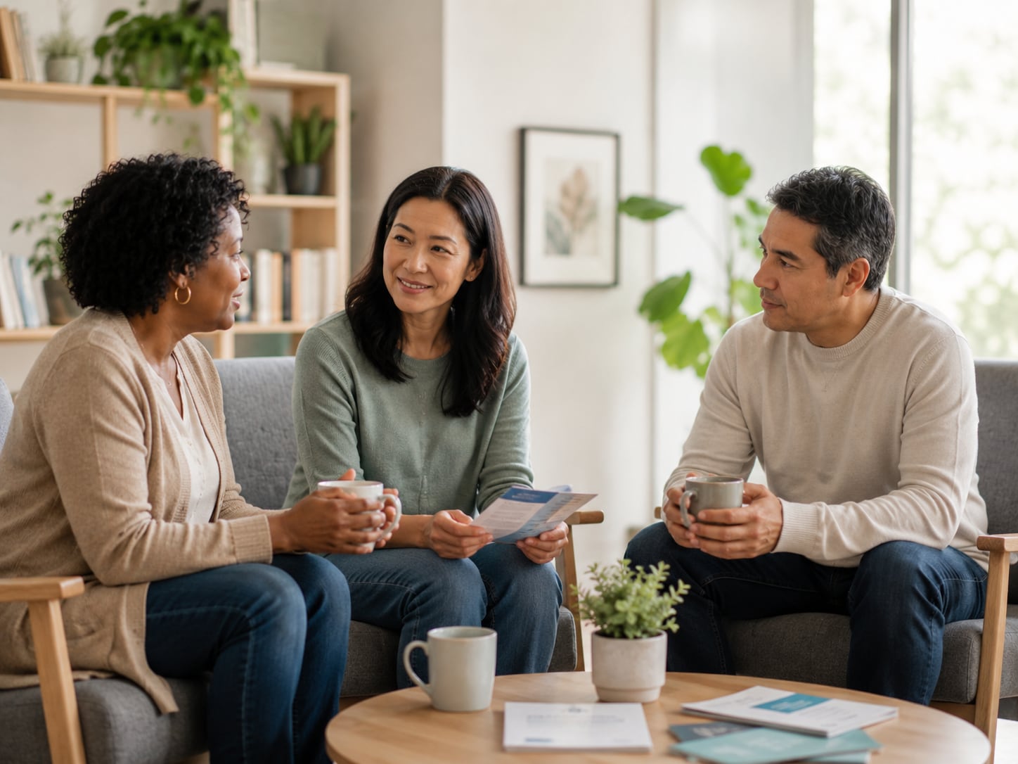 Three adults sit together in a living room talking, two holding mugs and one holding a pamphlet, with brochures on the coffee table in front of them.
