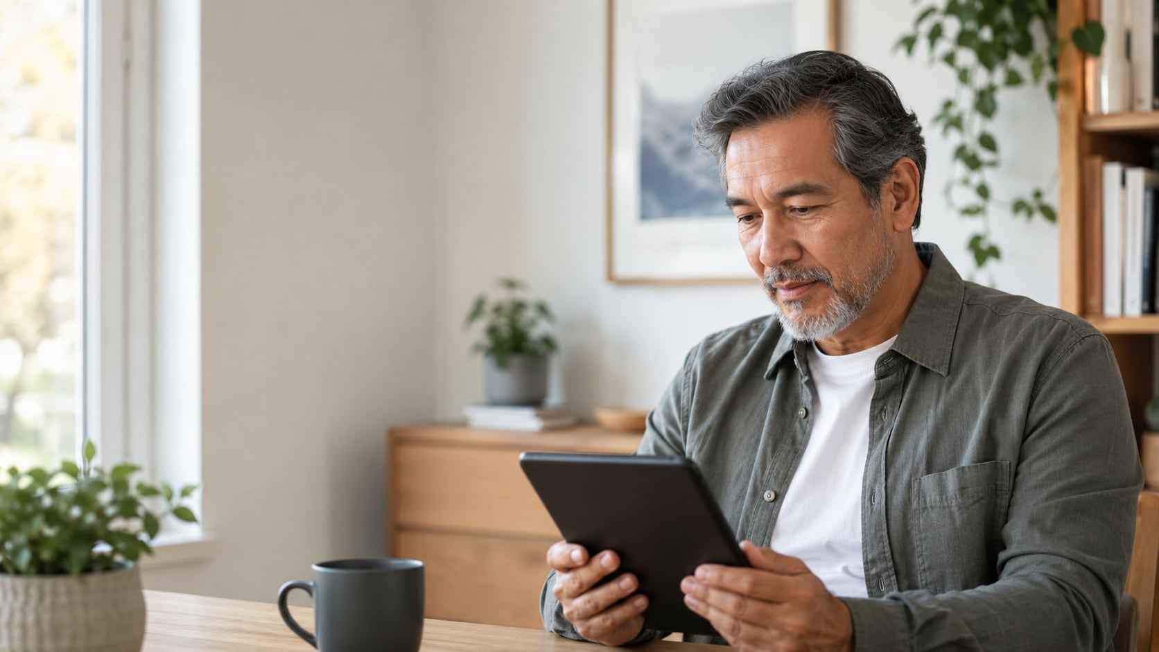 A man sits indoors holding a tablet and reading it closely, with a mug on the table and a bookshelf and plant behind him.