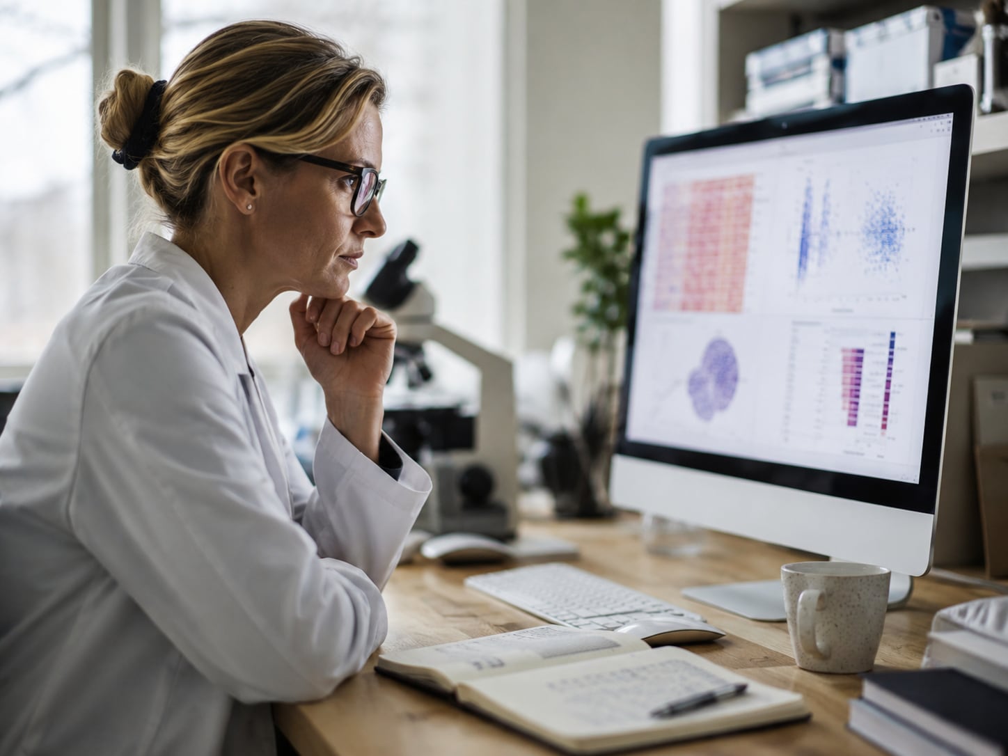 A researcher in a lab coat sits at a desk, looking thoughtfully at data charts and scatter plots on a computer monitor, with a microscope nearby.