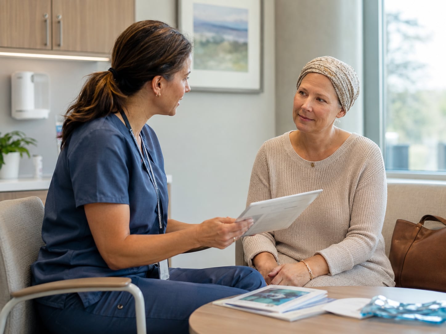 A nurse walks a patient through printed guidance during a clinic visit