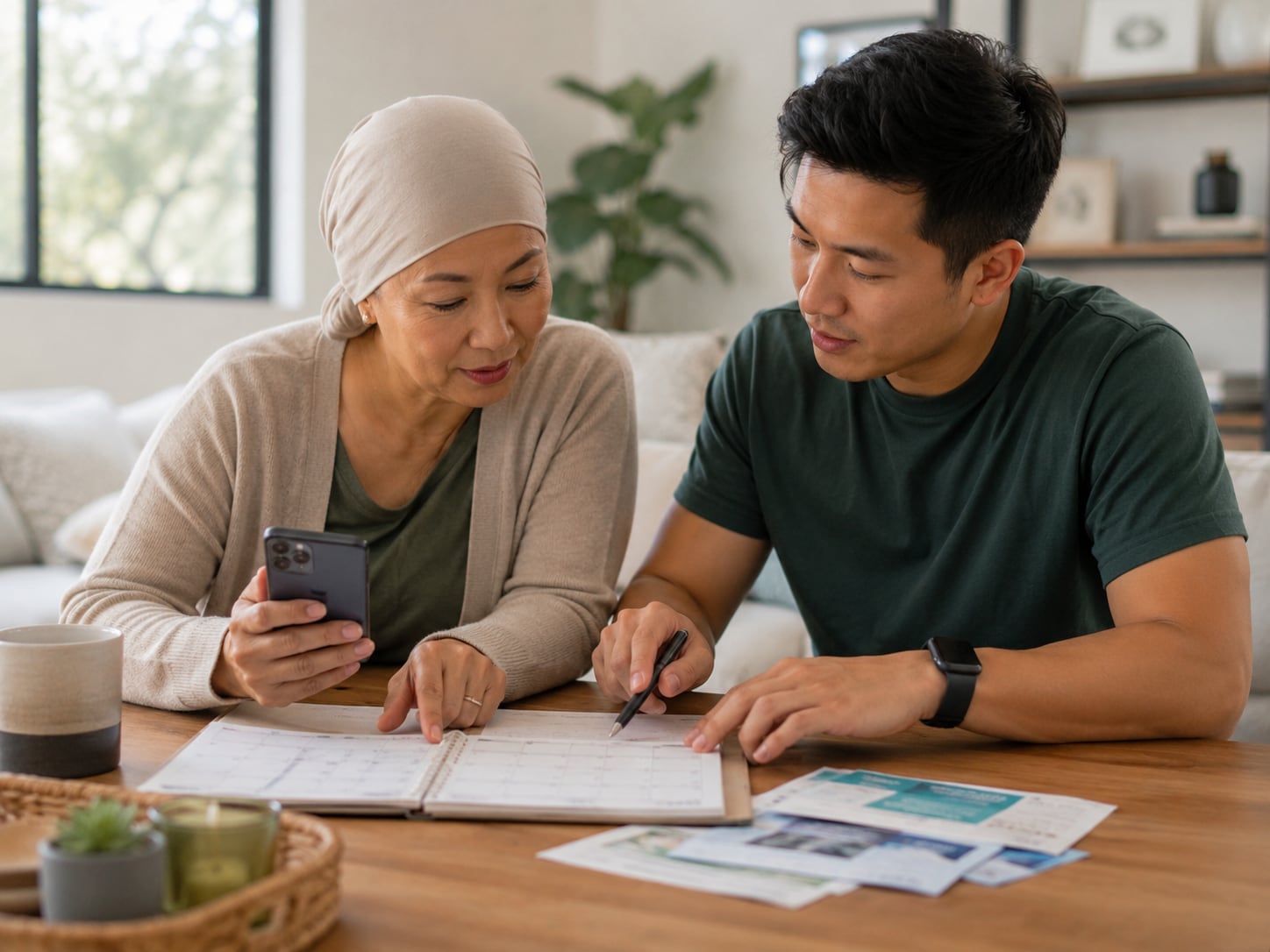A man and woman sit together at a coffee table at home, reviewing a printed document.
