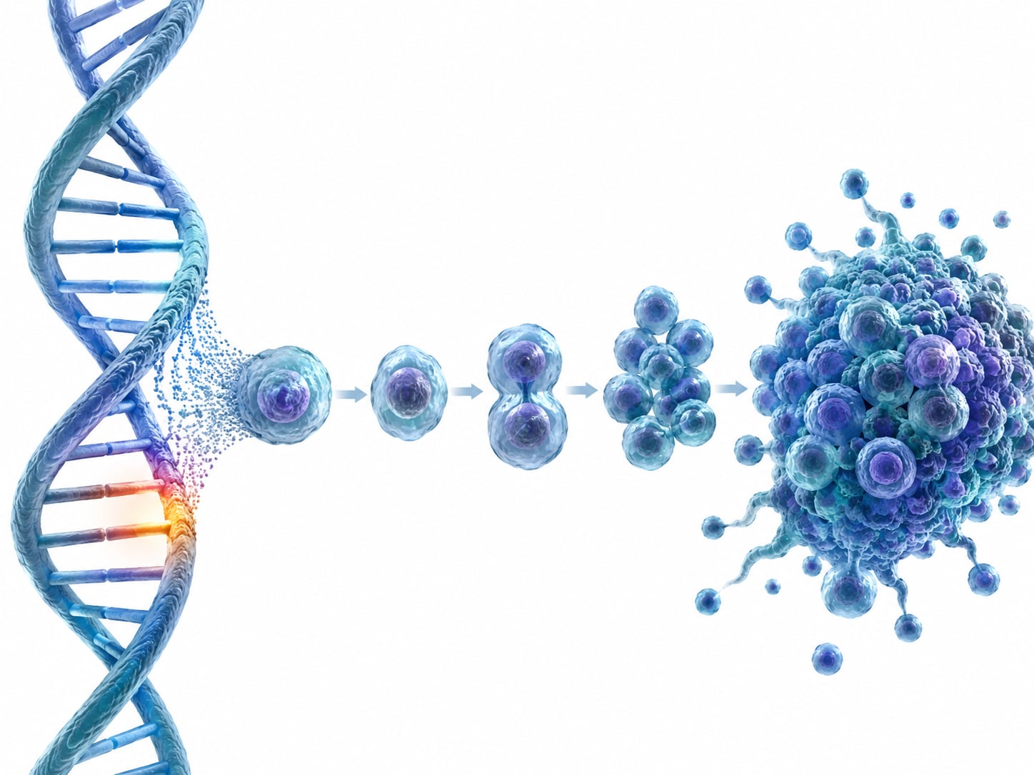 An illustration: DNA helix transforming into a cluster of cancer cells
