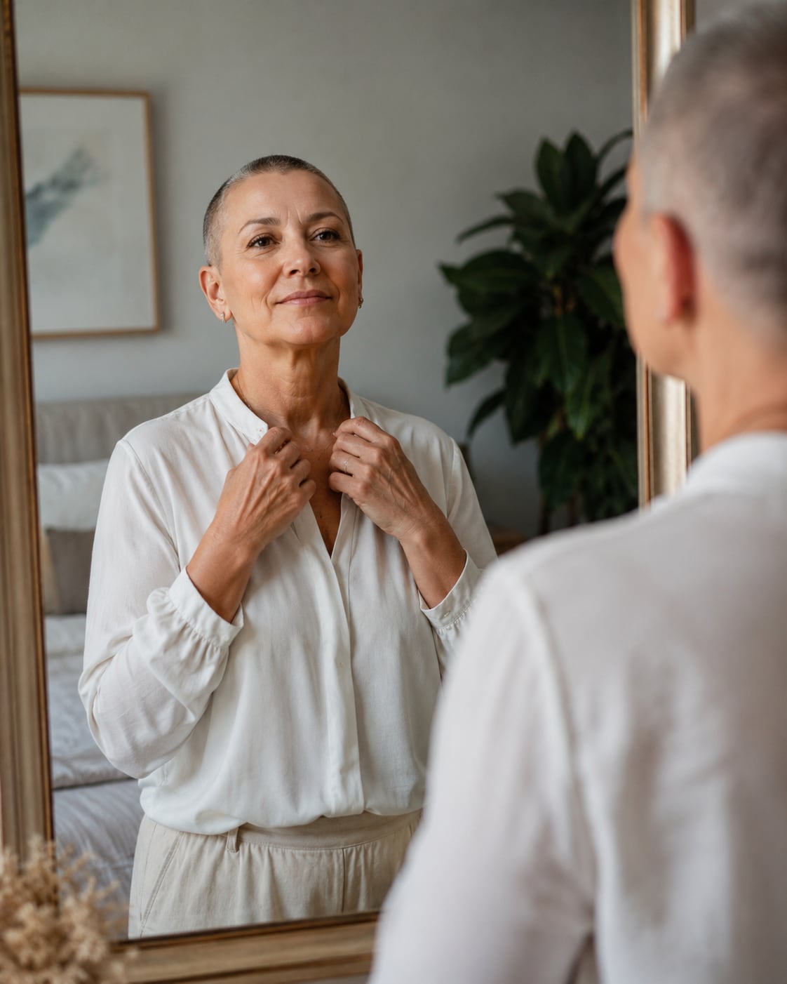 A woman with a shaved head looks in a mirror while buttoning her collar.
