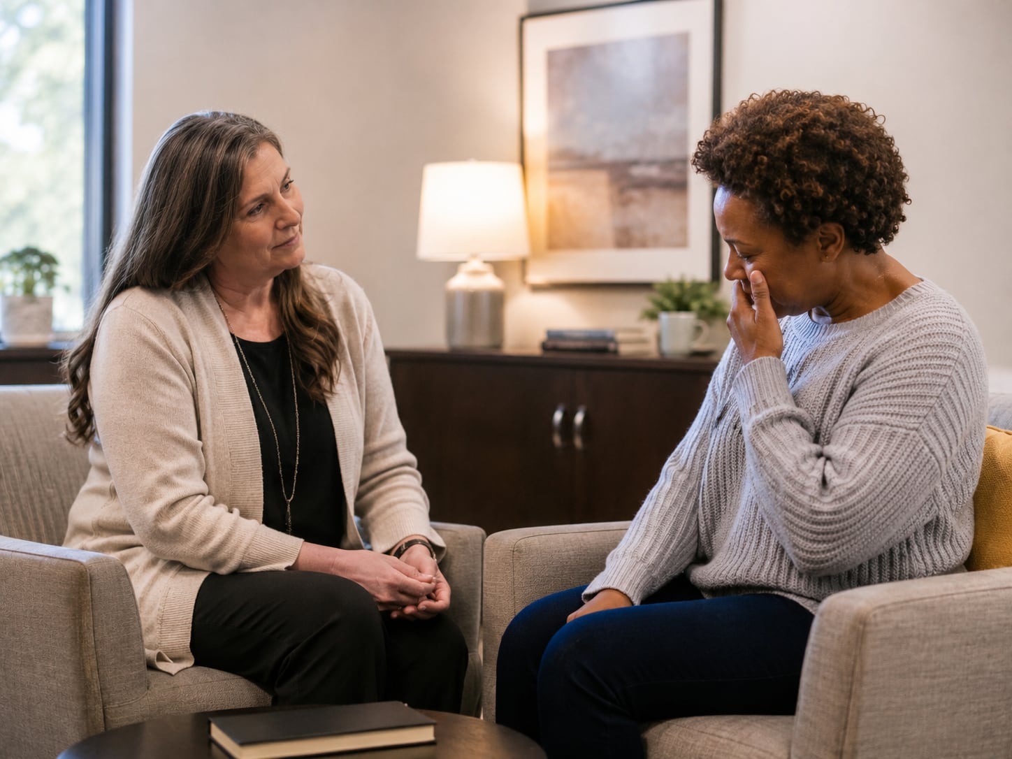 A woman wipes her eye while talking with another woman seated across from her.