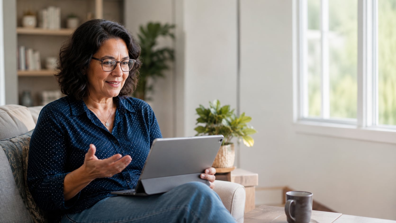 A woman sits on a sofa at home holding a tablet, gesturing as she speaks, with a mug on the table beside her.