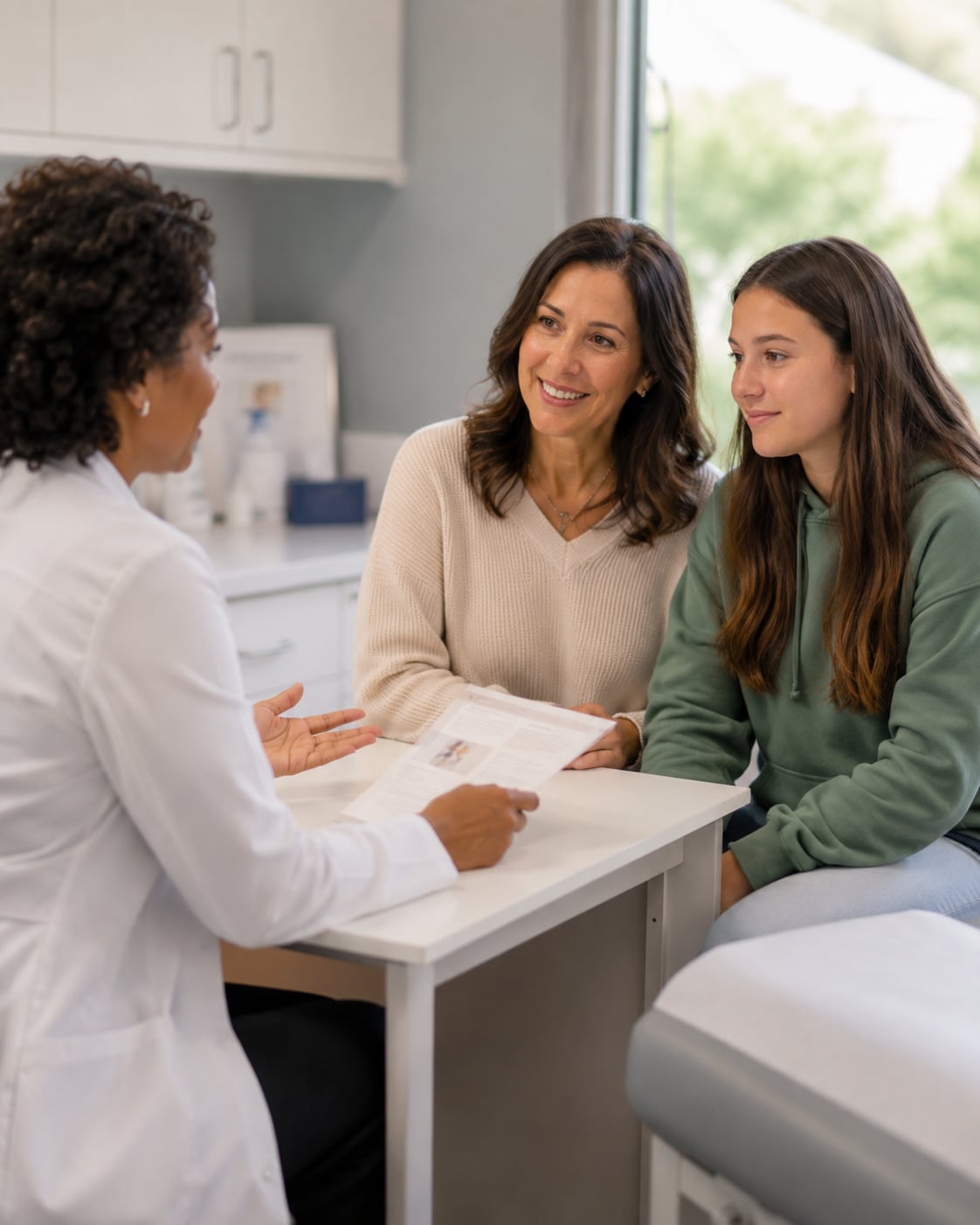 A female doctor gestures while talking with a mother and teenage daughter in an exam room, a pamphlet on the table between them.