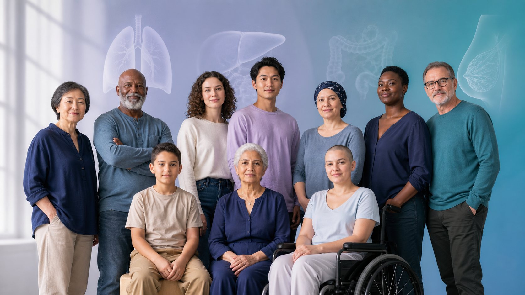A group portrait spanning a child through to an older adult, set against faint background illustrations of body systems.