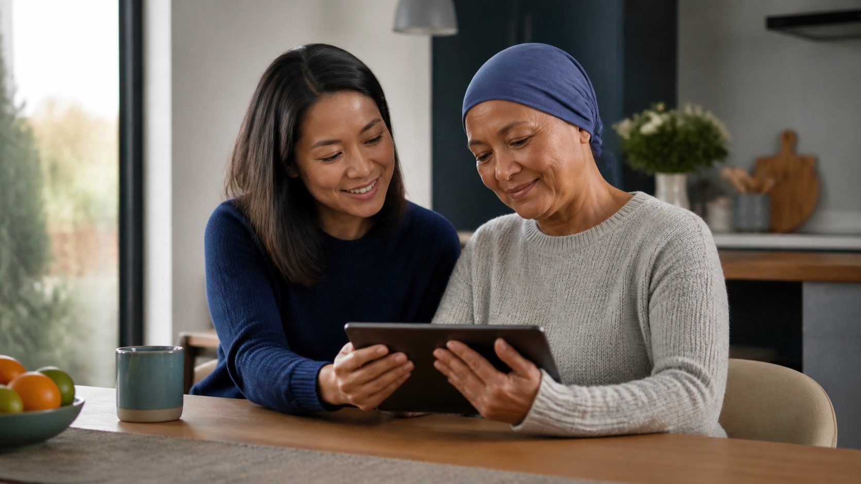 A caregiver and patient sit at a kitchen table looking at a tablet together.