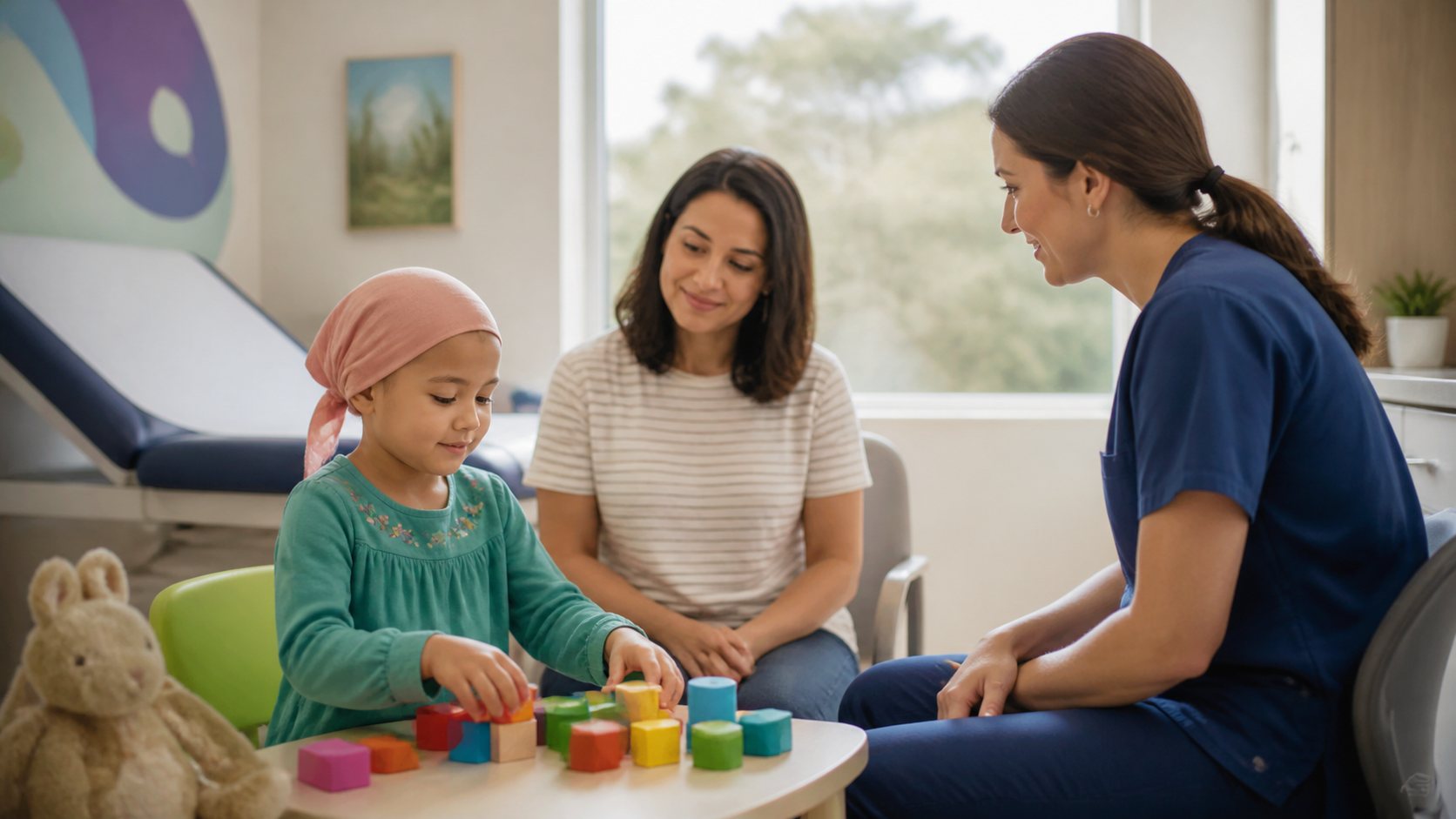 A child wearing a headscarf stacks blocks while a parent and nurse talk nearby.