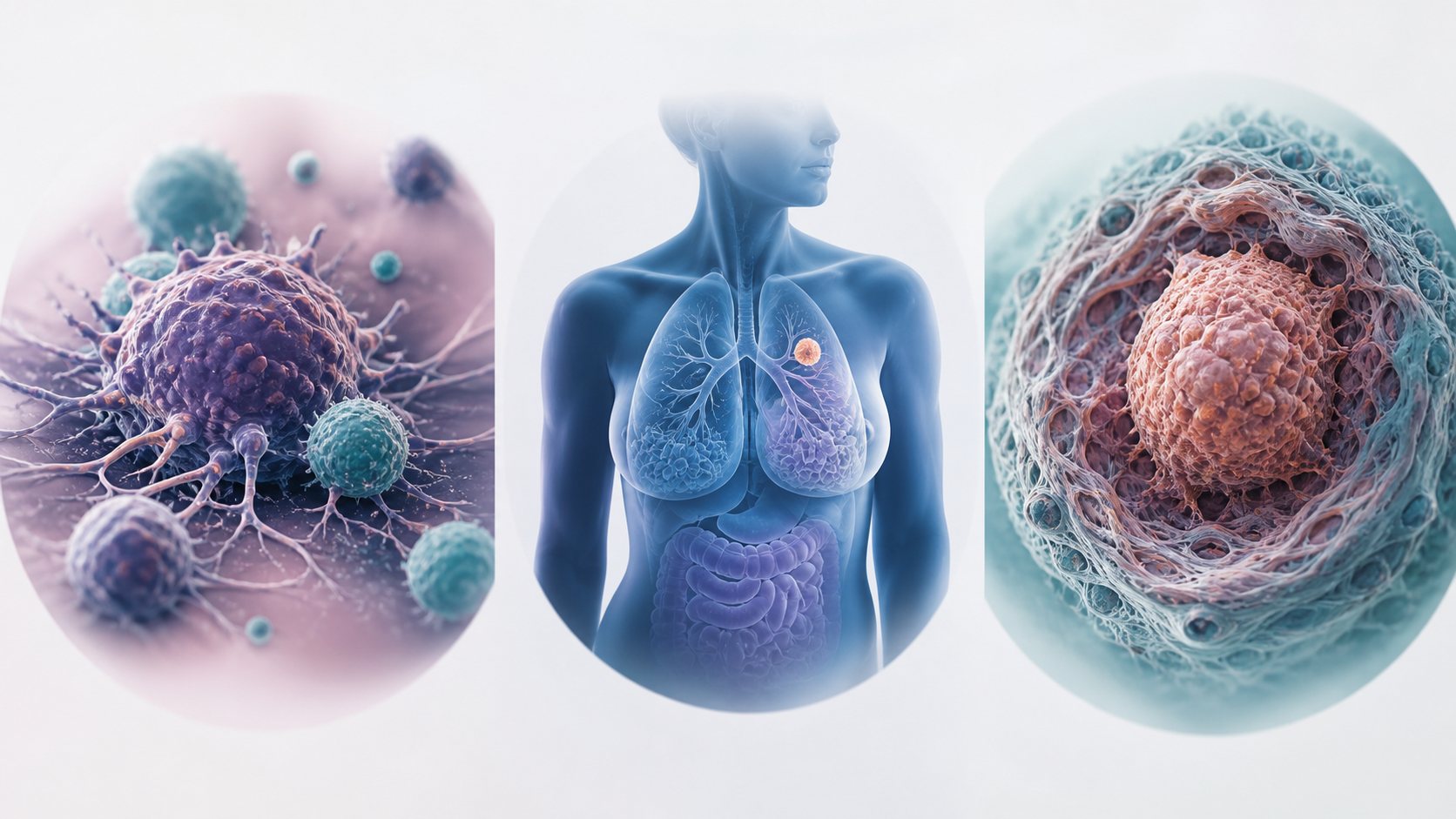 A three-panel composition of a cell cluster, a torso organ view and a tissue environment.