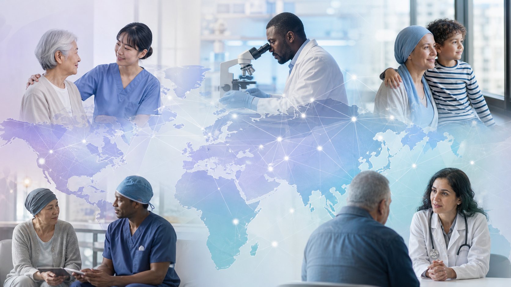 A translucent world map overlaid with network nodes and scenes of care and research.