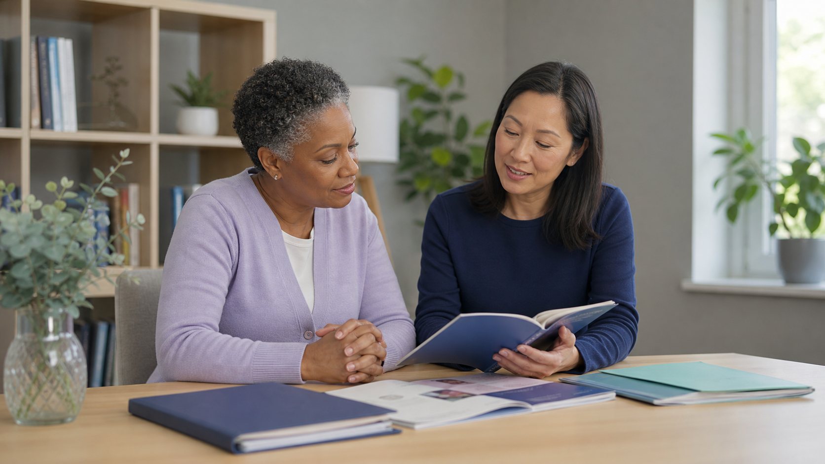Two women at a table looking through a booklet alongside folders and printed handouts.