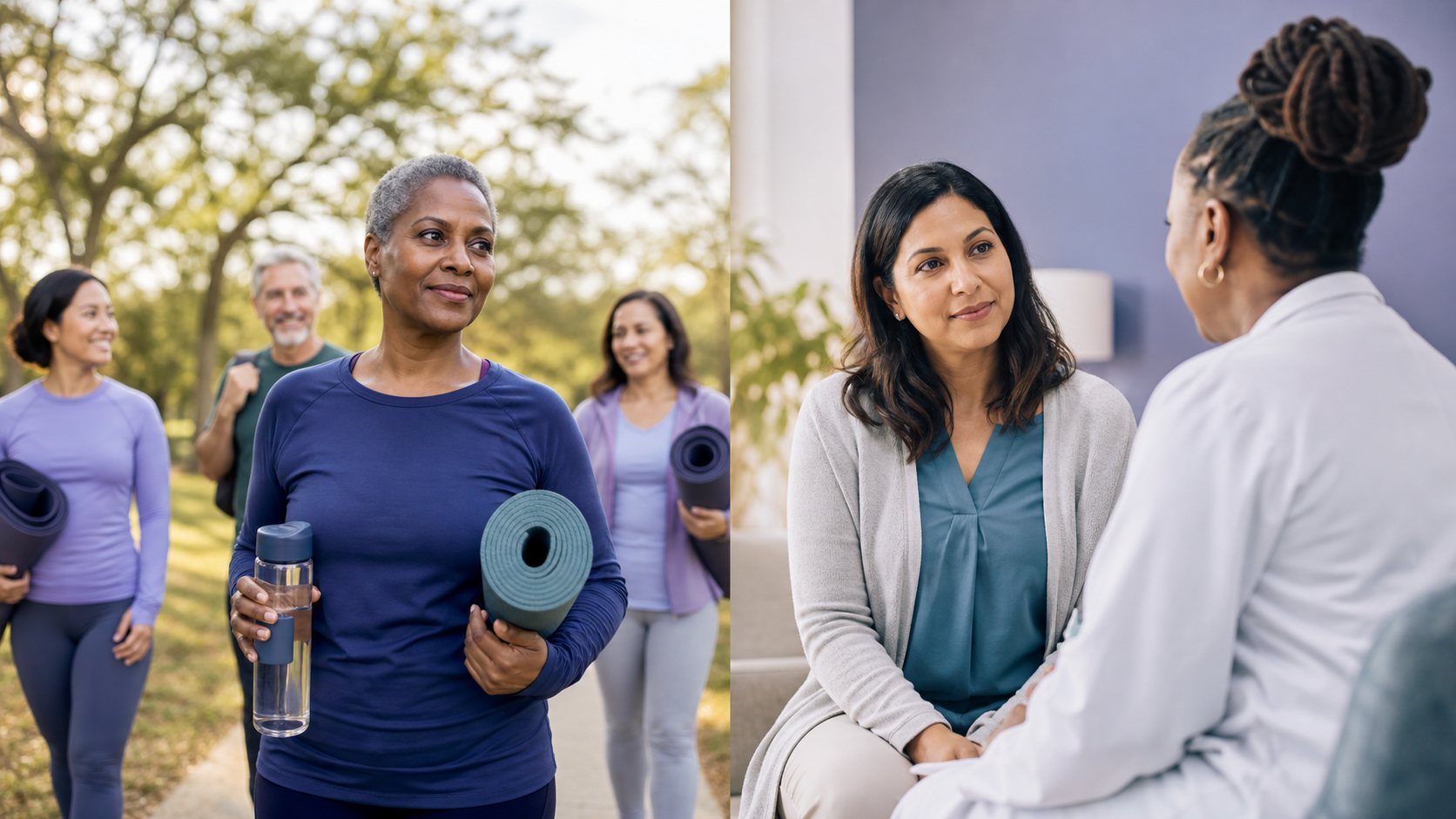 A two-part scene: a group walking outdoors together, and a screening consultation between a patient and clinician.