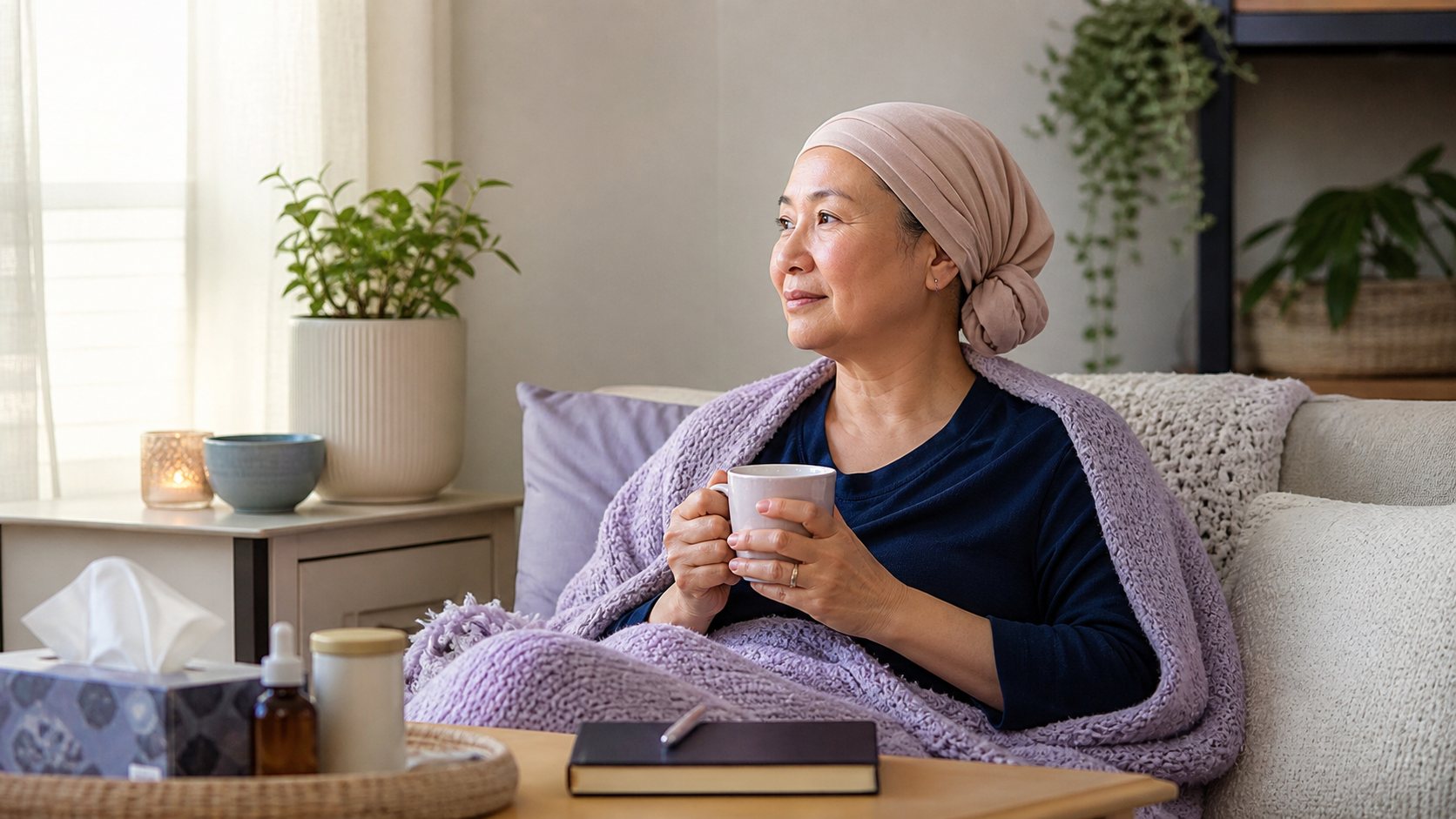 A person wearing a headscarf rests under a blanket with tea and a candle nearby.