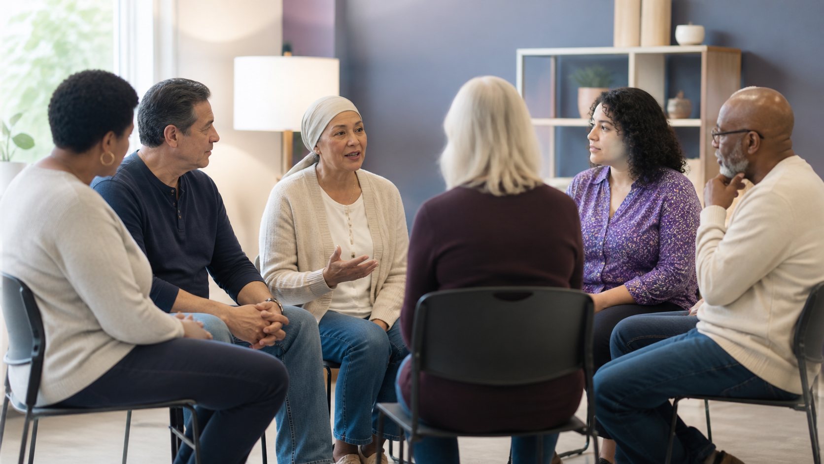 Six people sit in a circle in a community room during a facilitated support session.