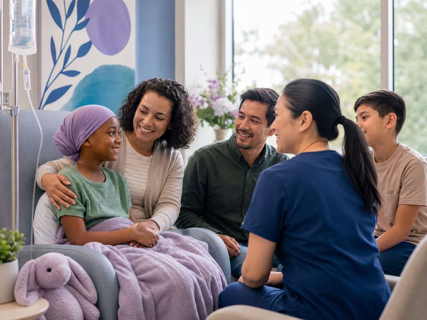 A child sits in a hospital bed, calm and smiling, with family and a nurse nearby.