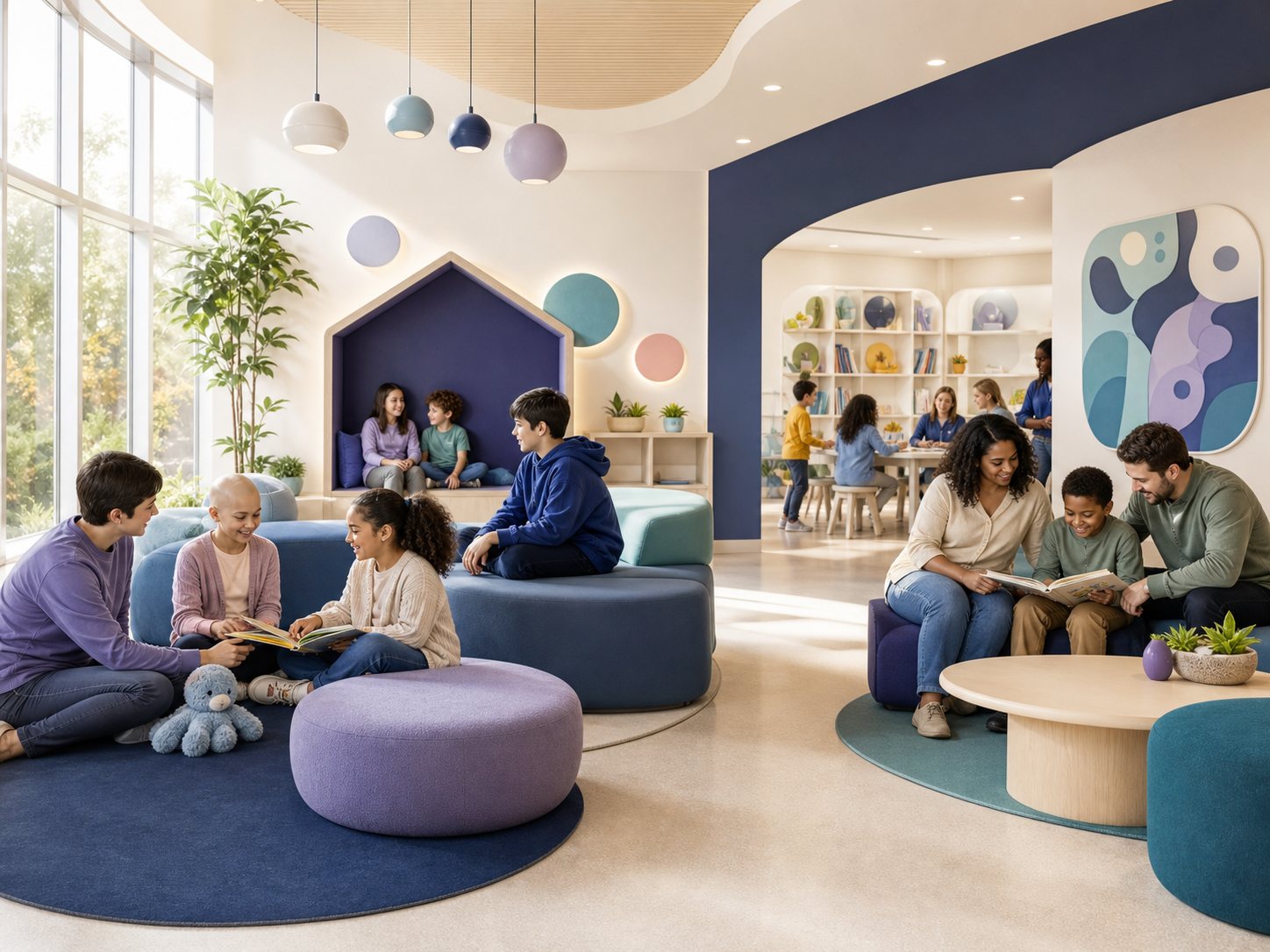 A bright child-friendly learning space with separate zones for younger, middle and older children.
