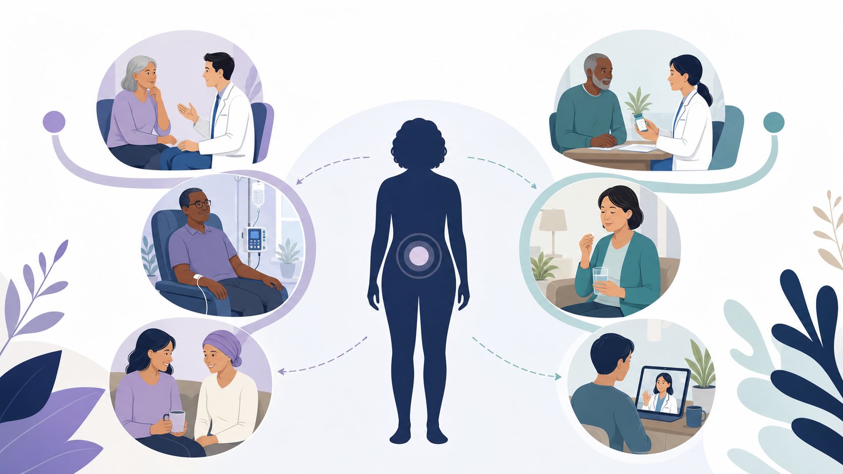 A body silhouette with infusion scenes on one side and oral-medicine scenes on the other.
