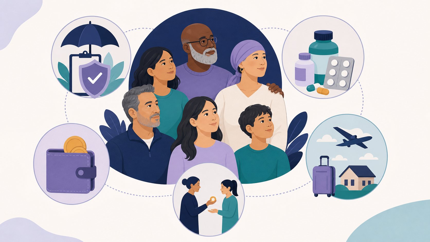 A family surrounded by cost-component icons: an insurance shield, a pill bottle, a wallet, and travel.