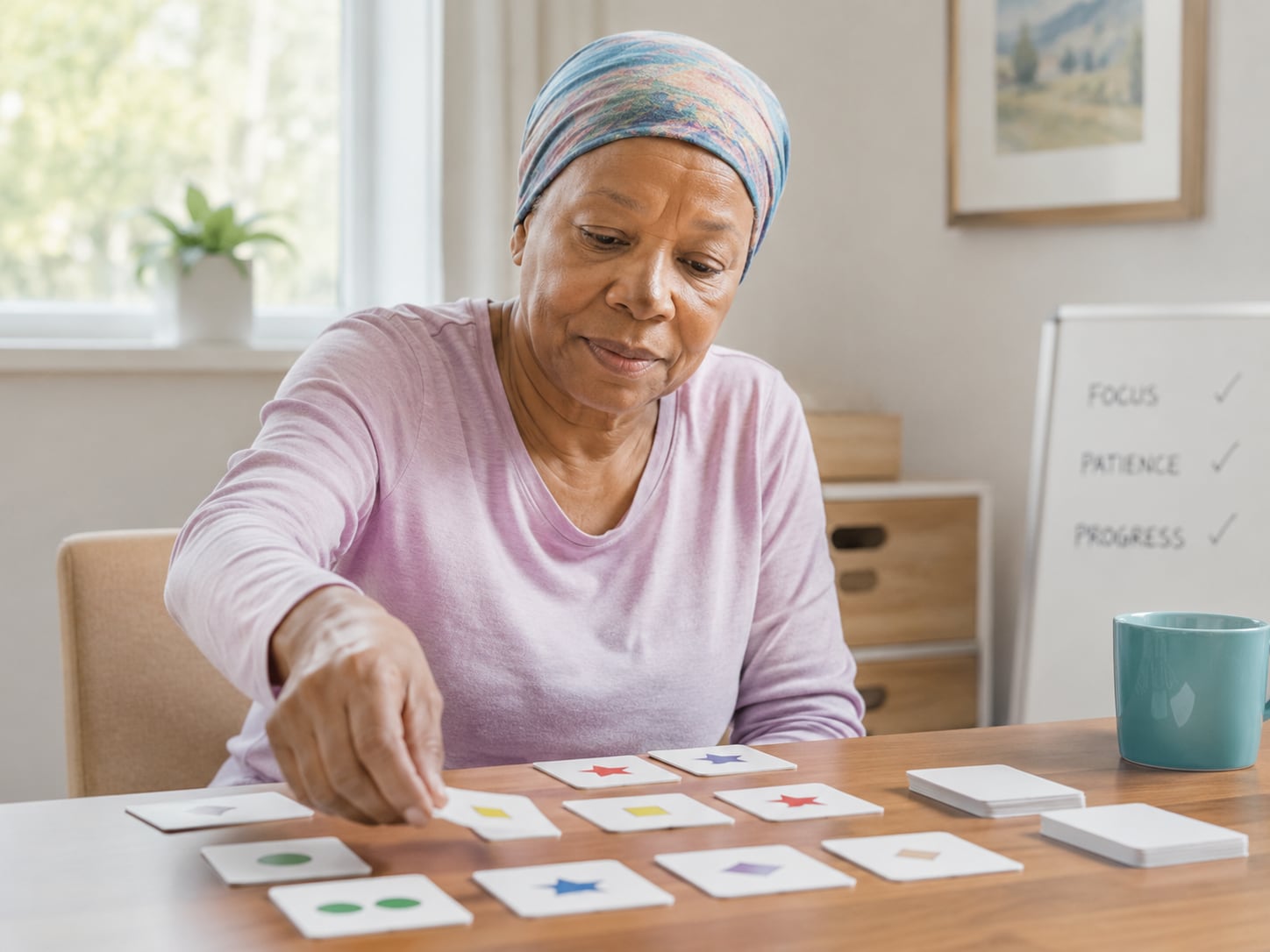 An older woman wearing a headscarf arranges matching pattern cards on a table, playing a memory game.