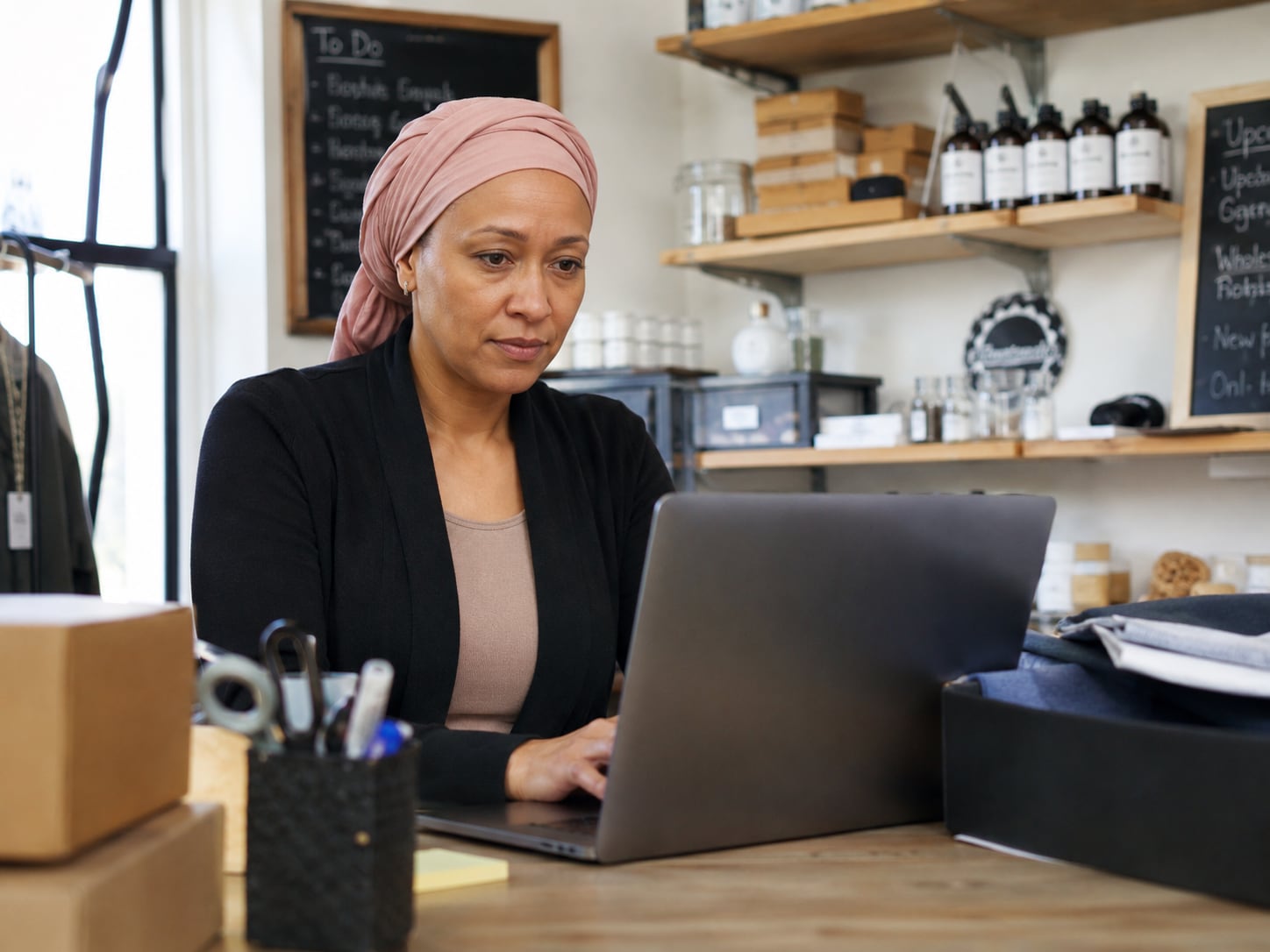 A woman wearing a headscarf works on a laptop in a small retail shop.