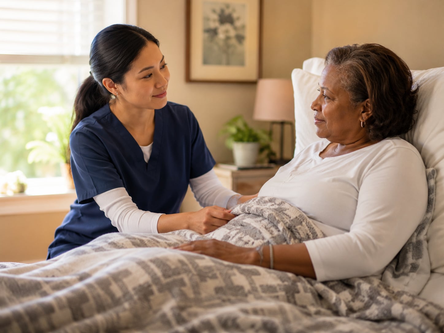 A nurse comforts a woman lying in a bed at home, with a hand on her shoulder.