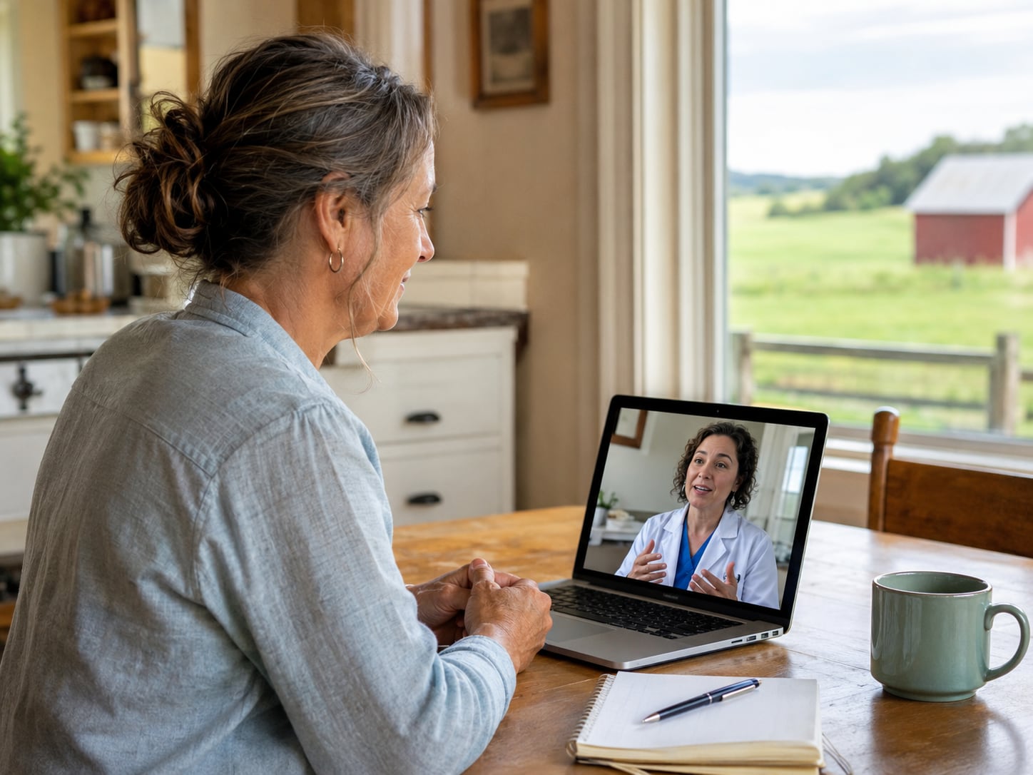 A woman at a home table has a video call with a doctor on a laptop.