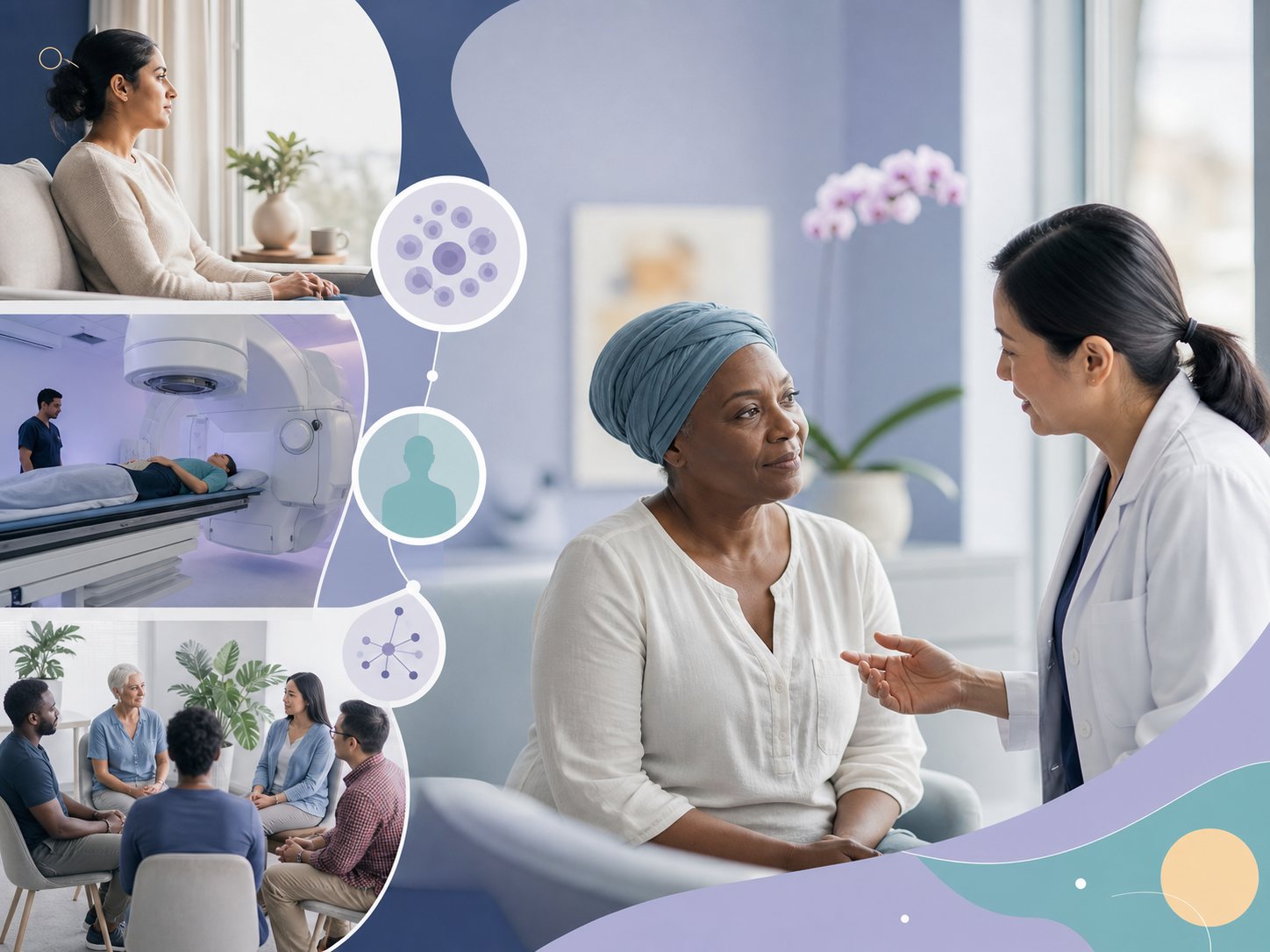 A panel collage of a patient and clinician talking, a treatment room, and a support circle with annotation icons.