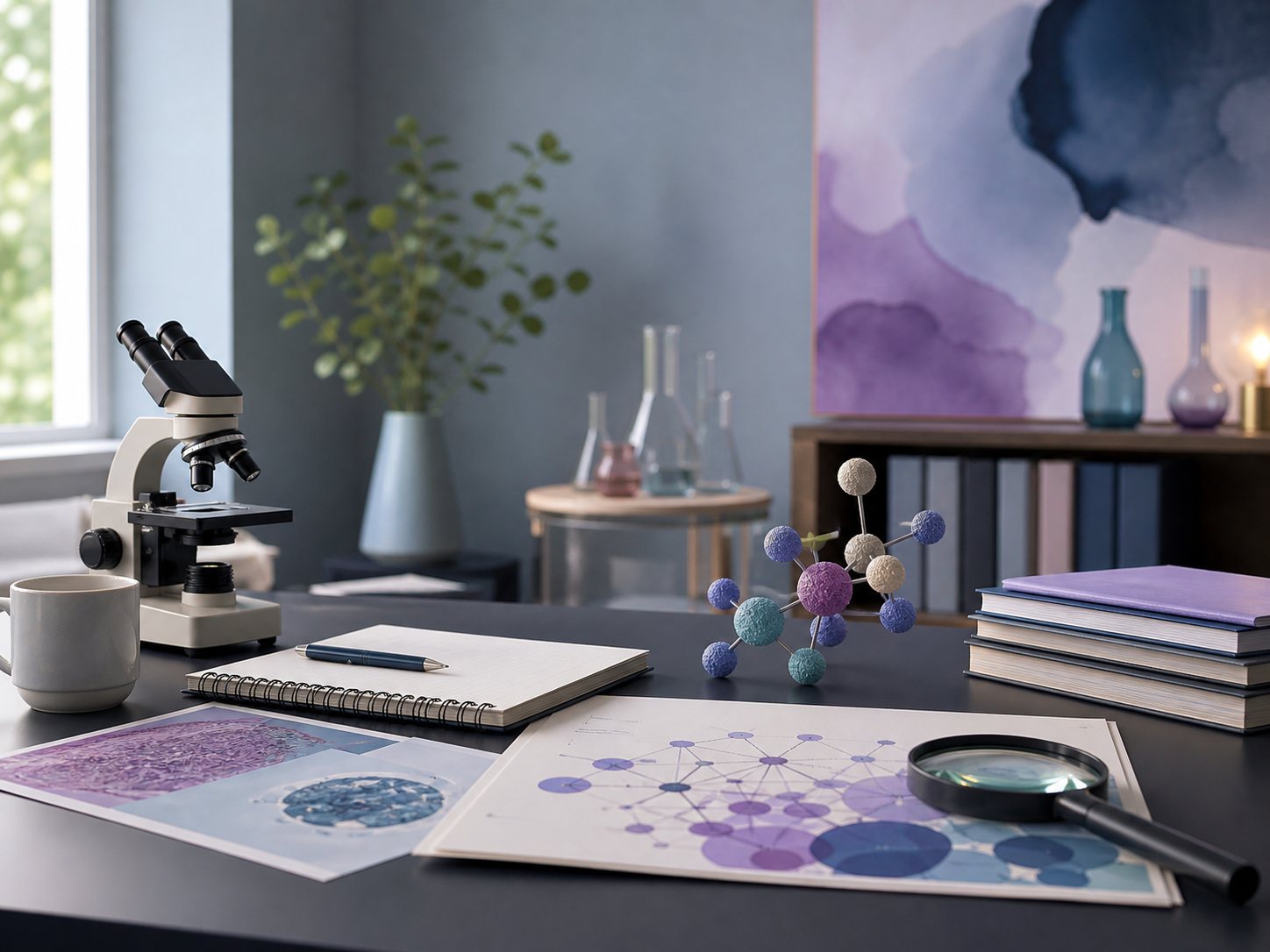 An editorial desk still life with a notebook, source papers, a magnifier and a molecular model.