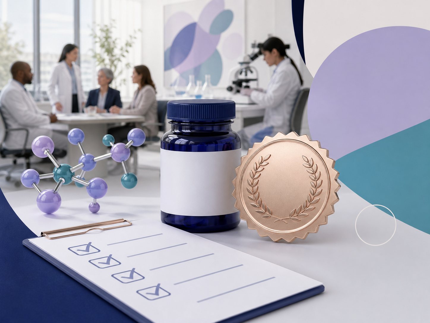 An unlabelled medicine bottle, a checklist clipboard, a molecular model and a wordless approval seal.