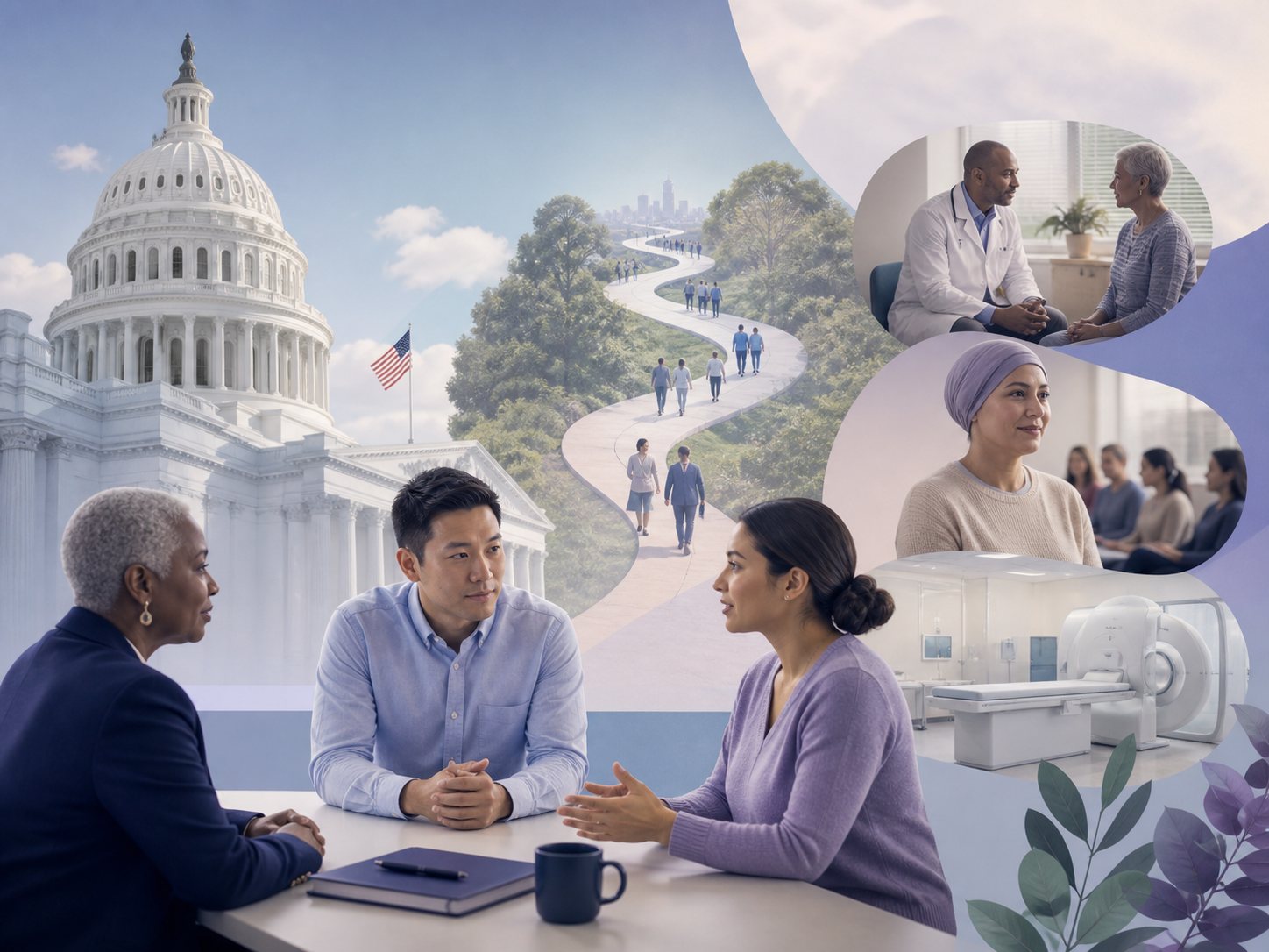 A domed government building and a winding access path alongside scenes of care and a policy conversation.
