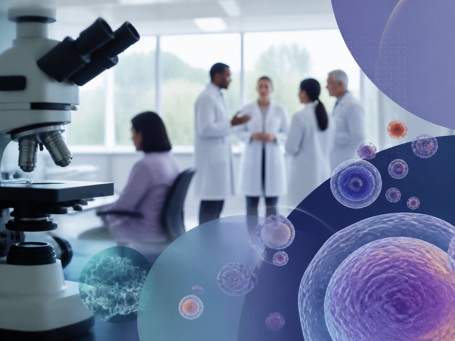 A microscope in the foreground with abstract cell overlays and a blurred laboratory team behind.
