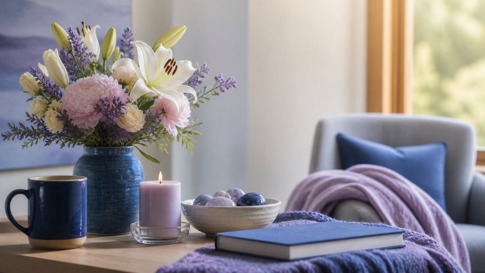 A warm still life with lilies and lavender, a lit candle, a mug and a closed book under a knit throw.