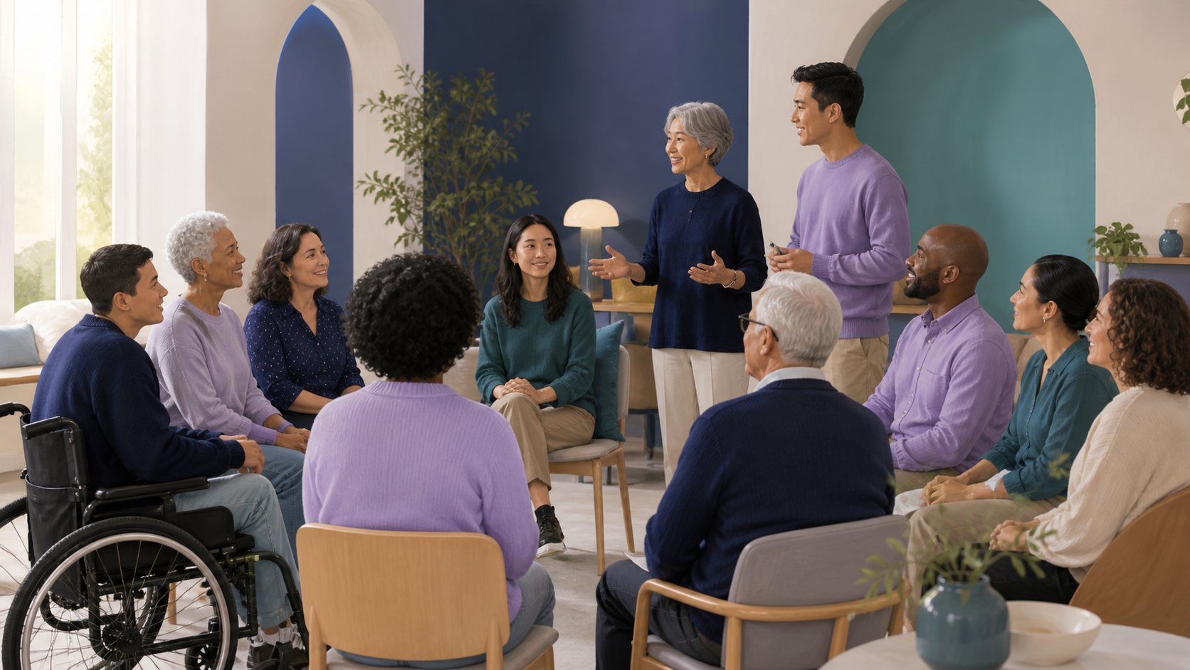 A modest community meeting where two people present to a seated circle that includes a wheelchair user.