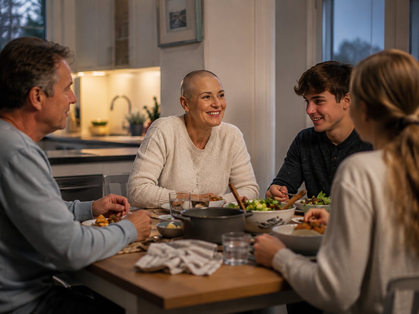 A family of four eating a meal together at a kitchen table in the evening, the woman at the centre with very short hair, smiling.