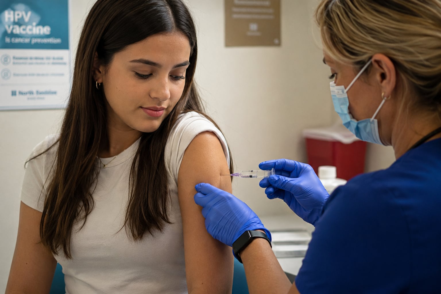 A masked clinician in blue scrubs and blue nitrile gloves injects a young woman's upper arm next to a poster reading "HPV vaccine is cancer prevention".